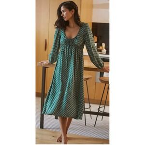 Anthropologie Adelaide Tie-Front Midi Dress Green Floral Womens M